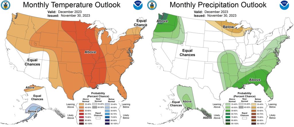 Pagosa Weather NOVEMBER SUMMARY & December Outlook 9 The Climate Prediction Center temperature outlook for December on the left expects "equal chances" for average temps. The precip outlook on the right expects “equal chances” for average precip.