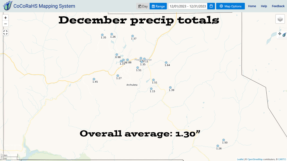 Pagosa Weather DECEMBER SUMMARY & January Outlook 3 Precip totals across Archuleta County ranged from 0.88″ to 1.64″– less than the average of 1.89″