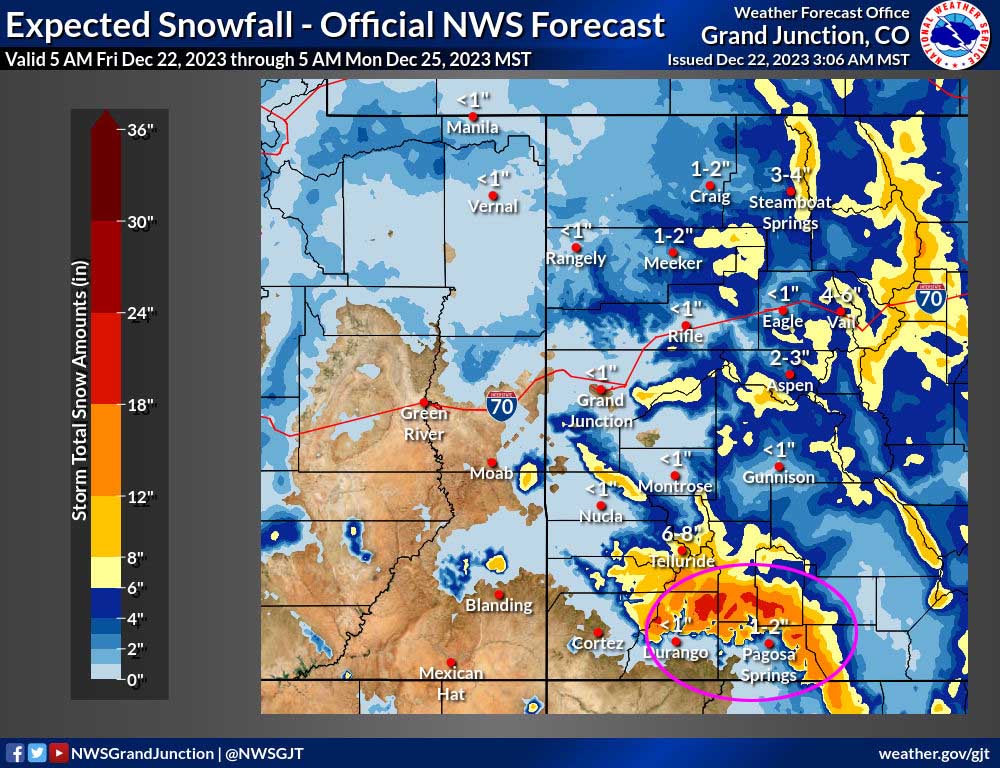 The NWS “official” snow forecast shows 1-2” for Pagosa, most of the valley in the 1-4” range, 4-8” for the higher parts of the valley, Wolf Creek in the 12-18” range, and the higher peaks potentially sneaking into the 18-24” range.