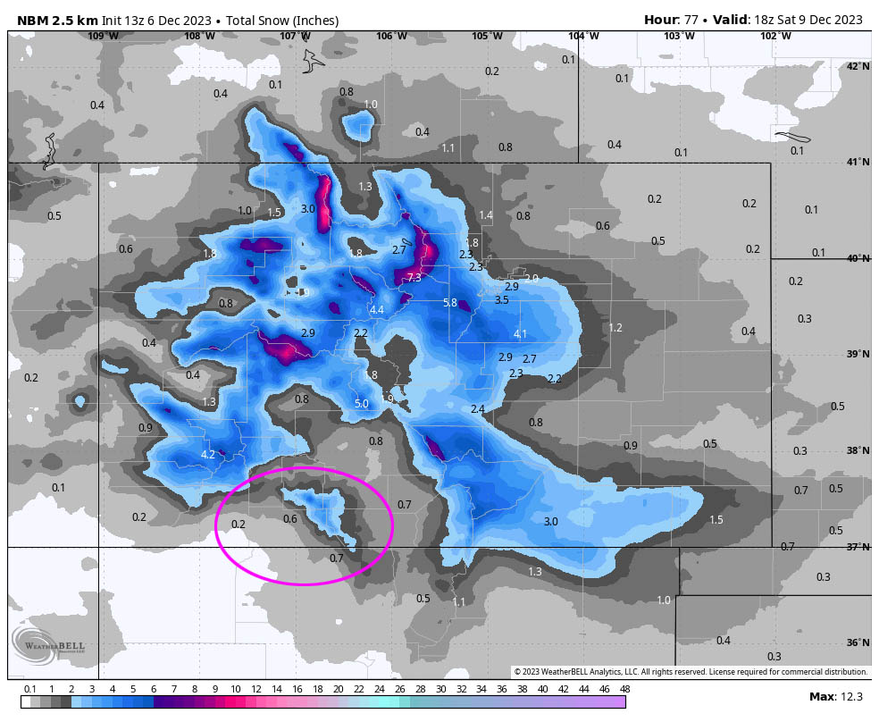 Still on track for Snow Friday… 3 NBM snowfall to Saturday at 11am shows 0.6” for Pagosa, 0.7” for Chama, and 3-5” for our mountains. I agree with these slightly lower amounts in our area.