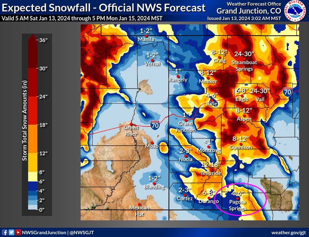 The NWS snow forecast shows 4-6” in the Pagosa area, 6-10” in the Chromo and Chama areas, 8-12” near Wolf Creek Pass, and 12-18” in the south San Juans. I think snow amounts will be a little lower near and north of Pagosa due to upper-level westerly wind.