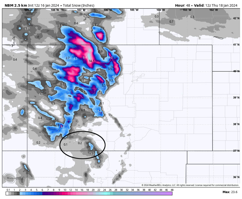 NBM snowfall to Thursday at 5am shows 0.2” for Pagosa, 1.2” for Chama, 0.1” for Bayfield, up to 2” near Wolf Creek, and up to 3” in the south San Juans. I think this is a little on the optimistic side.