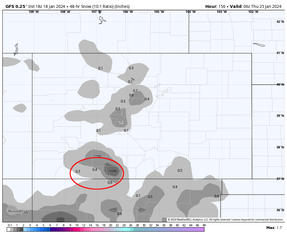 A little snow Saturday night to Monday afternoon… 4 GFS 2-day snowfall from Monday at 11pm to Wednesday at 11pm shows 0.4” for Pagosa, 0.6” for Chama, 0.3” for Bayfield, and up to 2” in our mountains. This looks reasonable to me at this time.