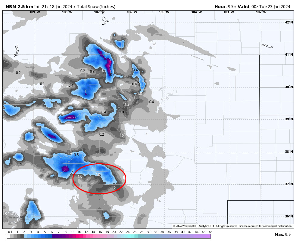 A little snow Saturday night to Monday afternoon… 3 NBM snow to Monday at 5pm shows 2” for Pagosa, 1.2” for Chama, 1” for Bayfield, and 4-6” in our mountains. This looks reasonable to me at this time.