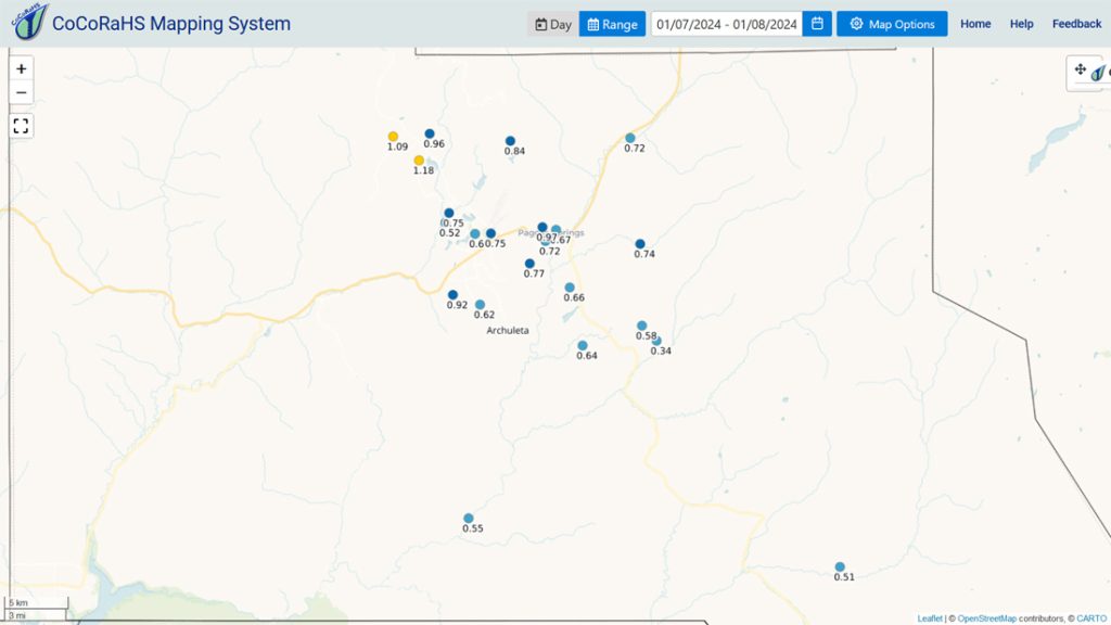 CoCoRaHS 2-day liquid equivalent reports range from 0.34” to 1.18”.