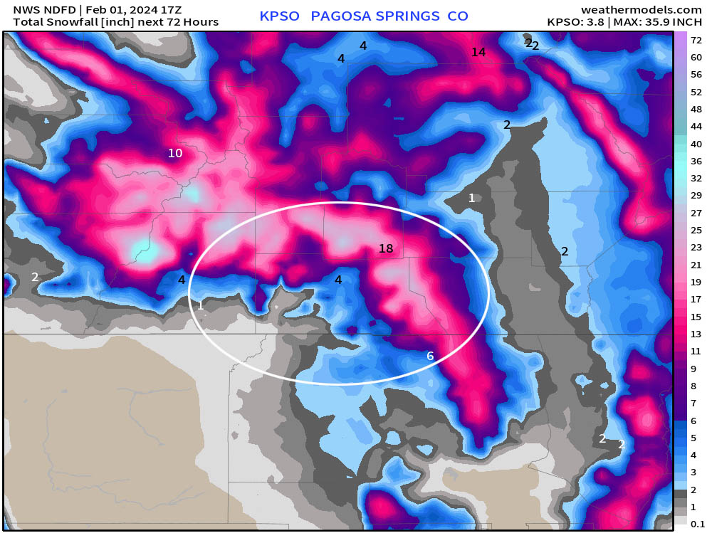 NWS snow forecast model zoomed into our area is clearer: 4” near Pagosa, 6-8” for the higher parts of the valley, 6” for Chama, just 1” for Bayfield, 18” for Wolf Creek Pass, and up to 24” in our mountains.