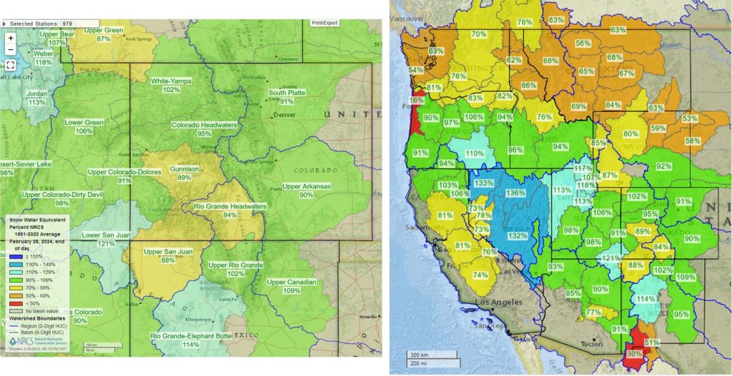 Colorado snowpack on the left and West US on the right 29 Feb 2024
