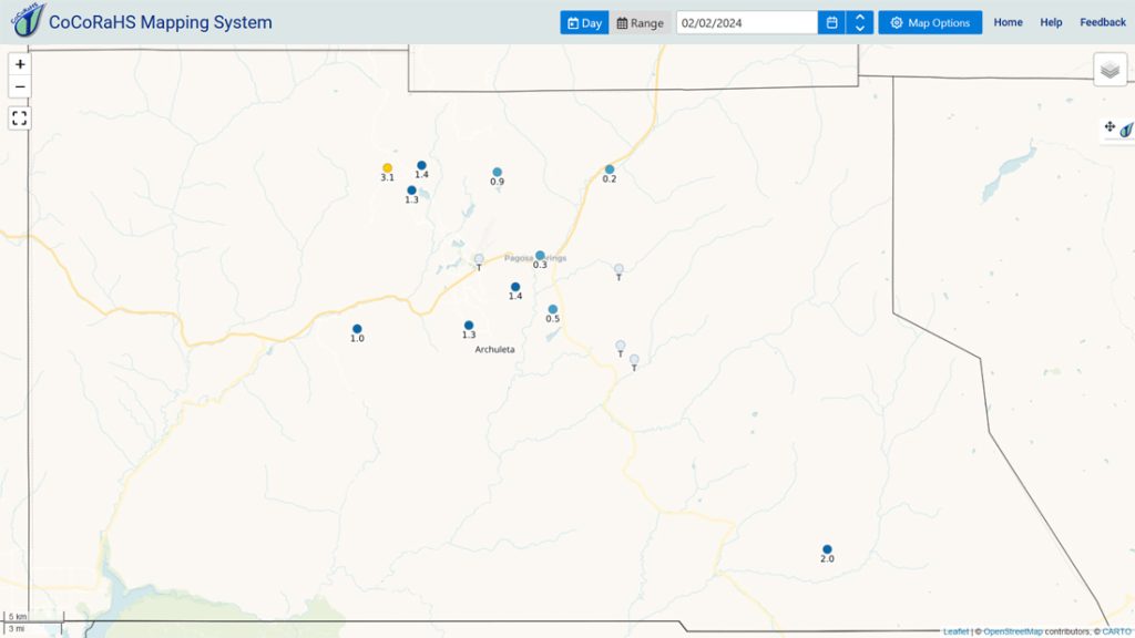 CoCoRaHS 24-hour snowfall reports range from a trace to 3.1”. Arleen was the snow winner at 8,000ft elevation.