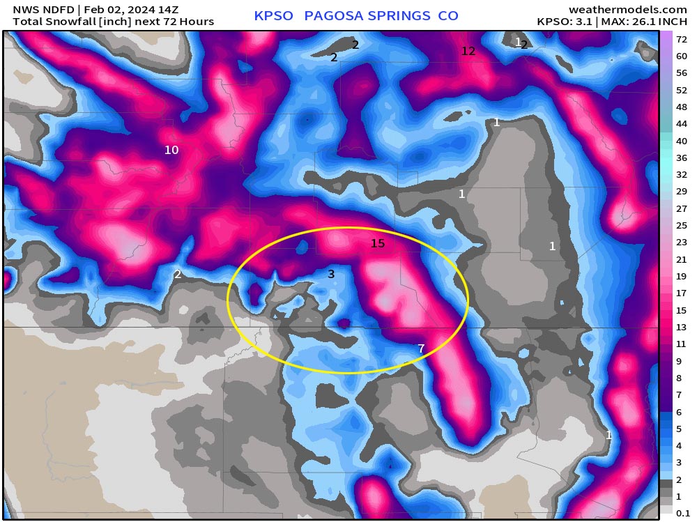 NWS snow forecast model zoomed into our area is clearer: 3” near Pagosa, 6-8” for the higher parts of the valley, 7” for Chama, less than 1” for Bayfield, 15” for Wolf Creek Pass, and up to 24” in the south San Juans.