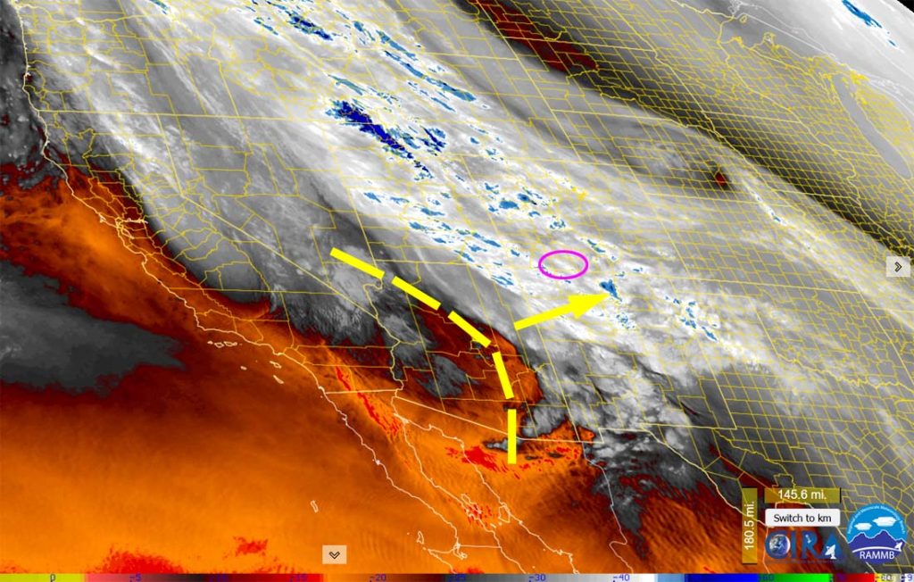 Water vapor satellite this morning – The trough is over central AZ and is moving east.