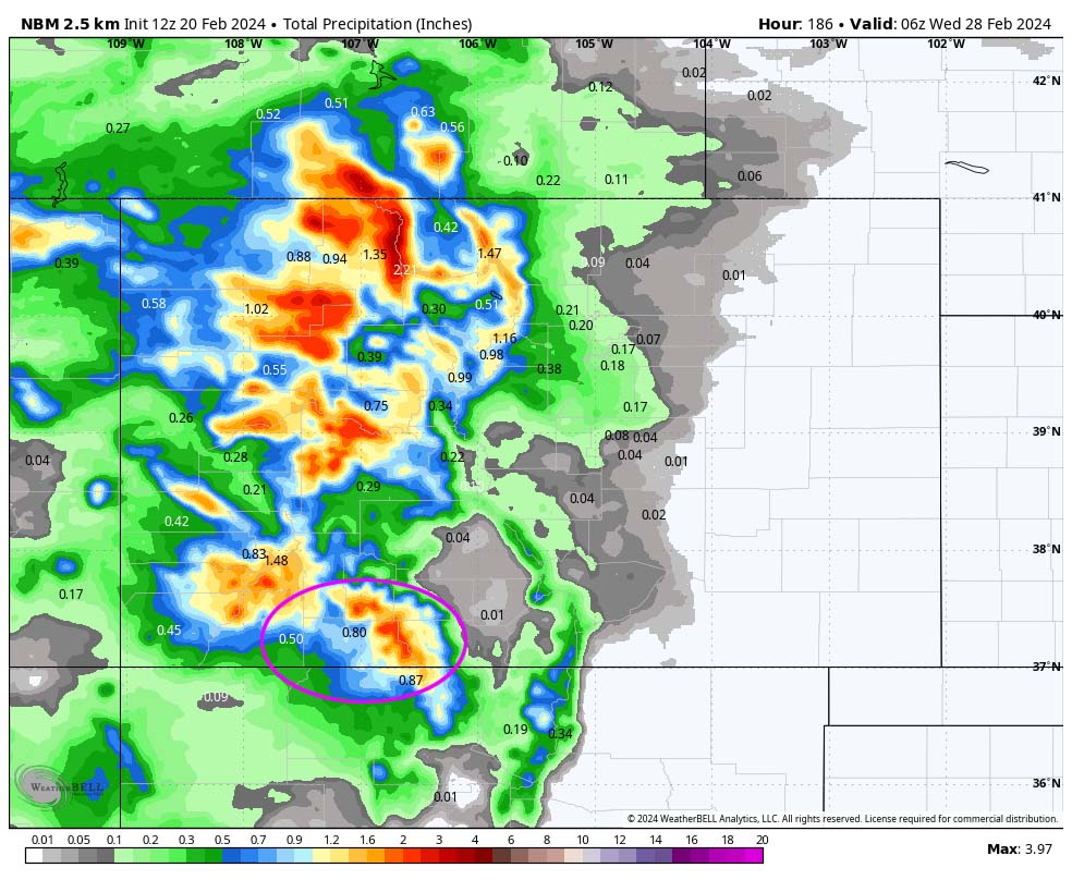 It looks promising Sunday night through Tuesday… 5 20 Feb 2024 am NBM precip
