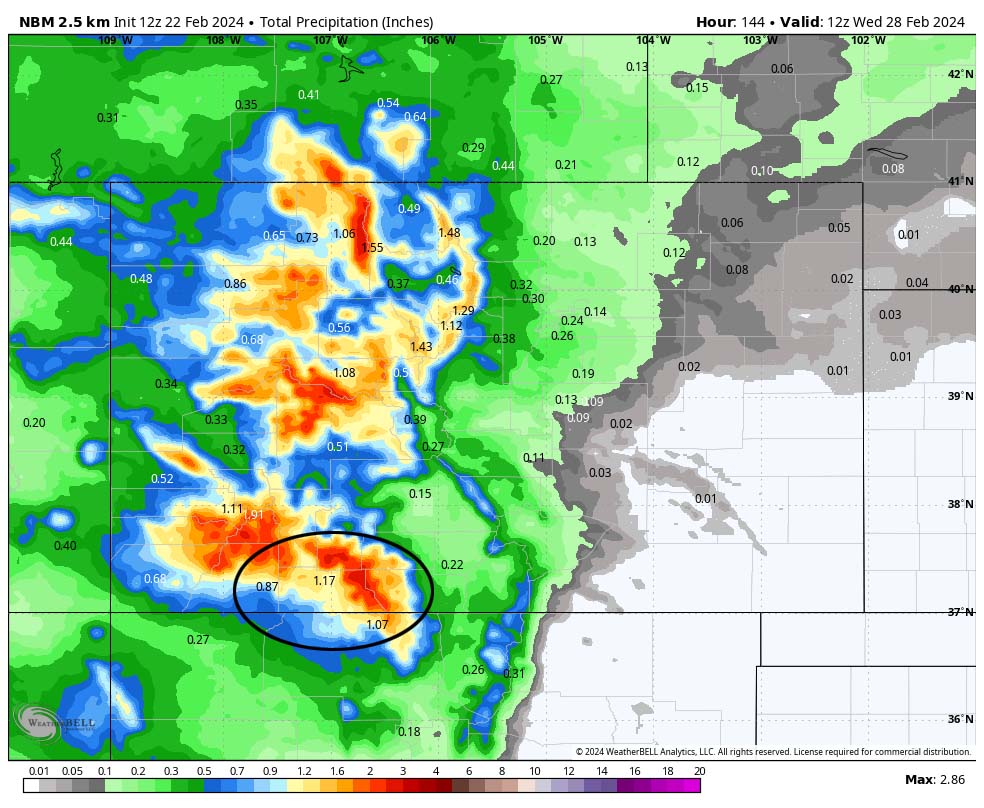 NBM precip to 5am Wednesday, 28 Feb, shows 1.17” in the Pagosa area, 1.07” for Chama, 0.87” for Bayfield, and up to 2.50” in our mountains.