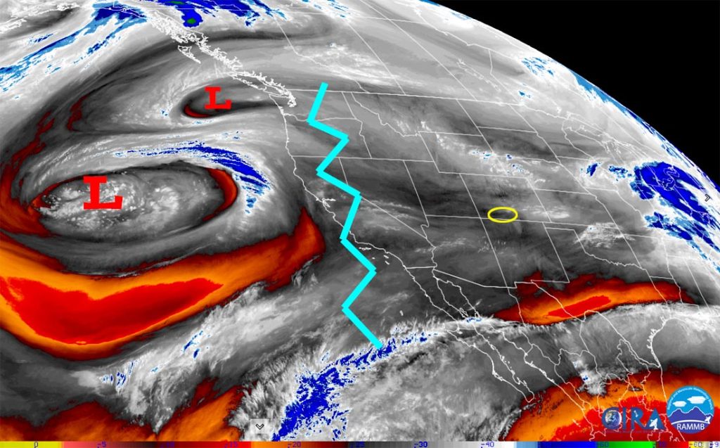 Water vapor satellite this morning – Upper-level flow from the west and the ridge along the coast are pushing drier air into our region.  That low well off the coast will wobble in that area until Sunday and then hook up with a strong system approaching from the northwest resulting in a potentially strong storm for us Monday and Tuesday.