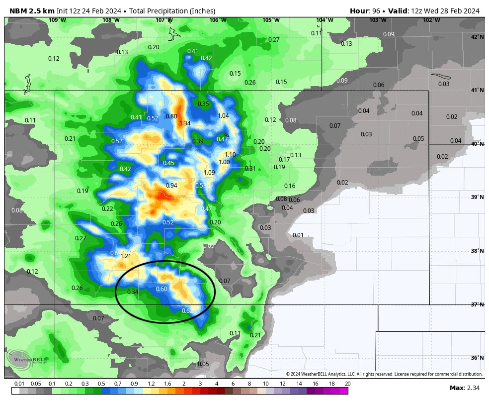 WINDY plus valley rain and mountain snow… 4 NBM precip to 5am Wednesday shows 0.60” in the Pagosa area, 0.62” for Chama, 0.34” for Bayfield, and up to 1.60” in our mountains. Precip amounts have trended down in the last 24 hours.