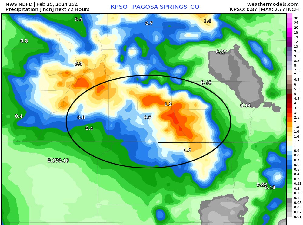 Nasty weather on Tuesday… 5 NWS liquid equivalent model zoomed into our area – This expects 0.75” to 1” in the Pagosa Springs area, 1.9” for Wolf Creek Pass, and up to 2.5” along the higher peaks. This looks reasonable to me, but other models vary from just 0.25” for Pagosa to 2.0”.