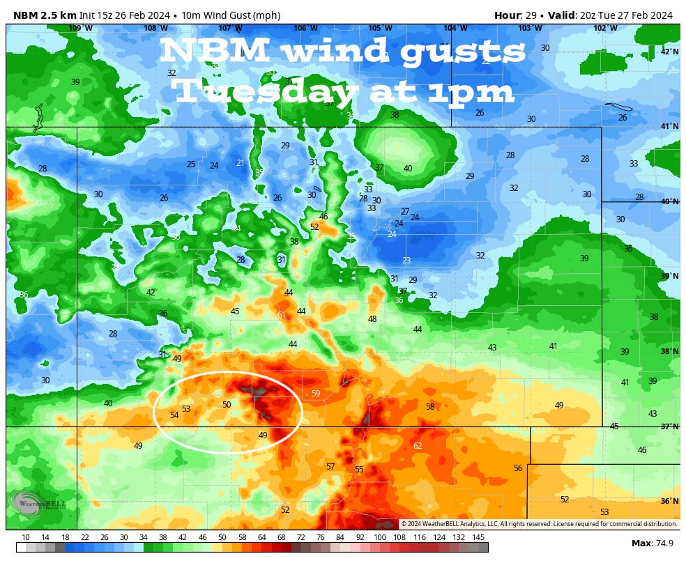 NBM forecast wind gusts at 1pm Tuesday shows 50mph in the Pagosa area, 49mph for Chama, and 65-75mph in our mountains. The NBM shows winds 39mph or higher 6am Tuesday to 4pm Tuesday.