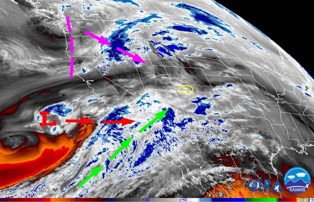 Water vapor satellite this morning – Green arrows show the long moisture fetch into our area. Red arrows show the track of the low. It will stay to our south but will help push moisture into the region. The purple arrows show the track of a strengthening trough that will move through Colorado Tuesday.