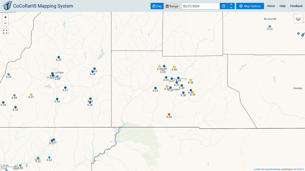 CoCoRaHS 24-hour snow reports range from 0.18” to 0.59”.