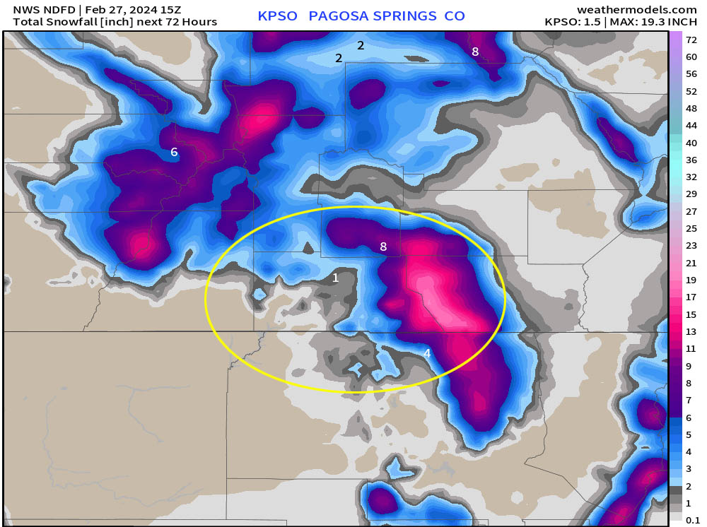 NWS snow forecast model zoomed into our area shows 1” near Pagosa, 4” near Chama, 4” tucked up close to the mountains in the eastern part of the county, 8” near Wolf Creek Pass, and up to 19” in the South San Juans between Wolf Creek and Cumbres passes.