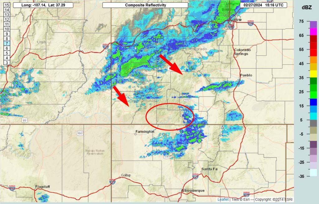 Radar this morning – Snowshowers are showing up along the eastern divide. The band of precip will move southeast with the trough. That’s not a good direction for us, but there is considerable storm energy and decent moisture to cause occasional snowshowers and maybe some thundersnow.