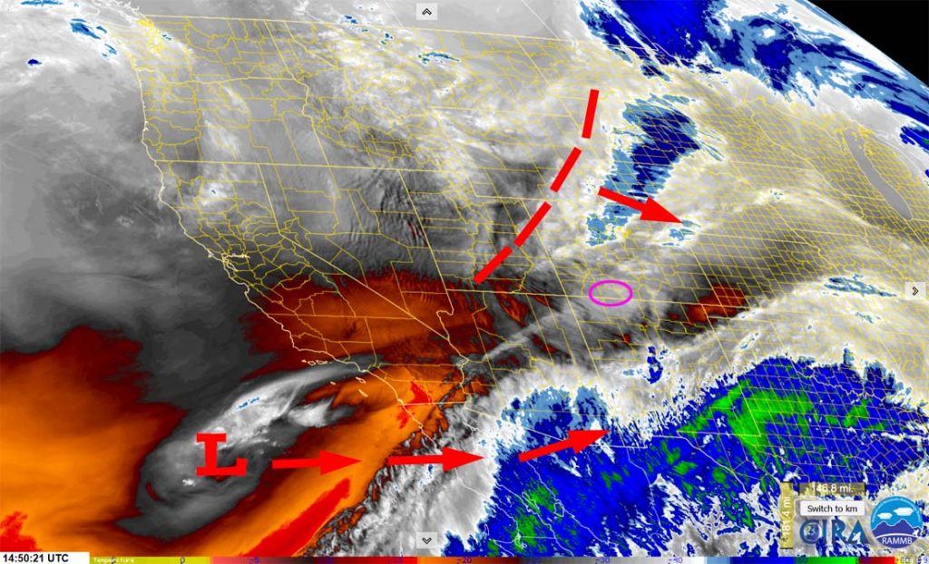 Water vapor satellite this morning – The main push of moisture has moved to our south. The tail-end of the trough will move through our area this afternoon. The clouds and precip along the southern end of the trough are in bands.