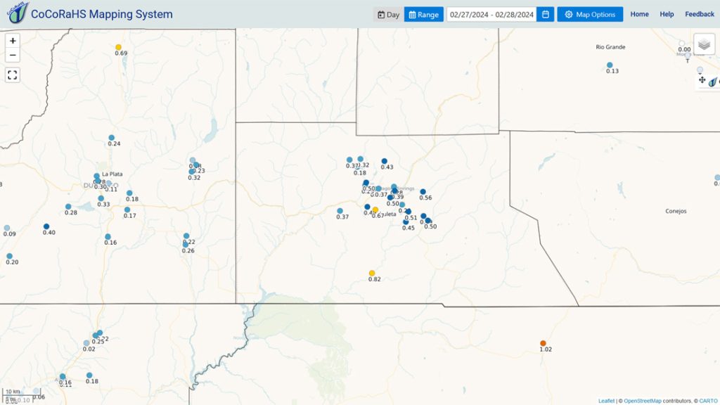 CoCoRaHS 2-day liquid equivalent reports for Archuleta County range from 0.18” to 0.82”. Mike was the precip winner near Trujillo. Note the 1.02” for Chama. Based on Facebook reports, the Chromo area did pretty good too.