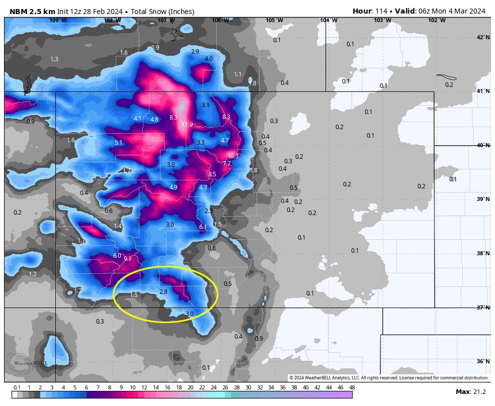NBM snow to 11pm Sunday shows 2.8” near Pagosa, 3.0” near Chama, 1.5” near Bayfield, and 10-12” for our mountains. Right now this looks reasonable to me. If the system dips a little farther south, snow amounts will go up a bit.  If the system slides farther north, amounts will go down.
