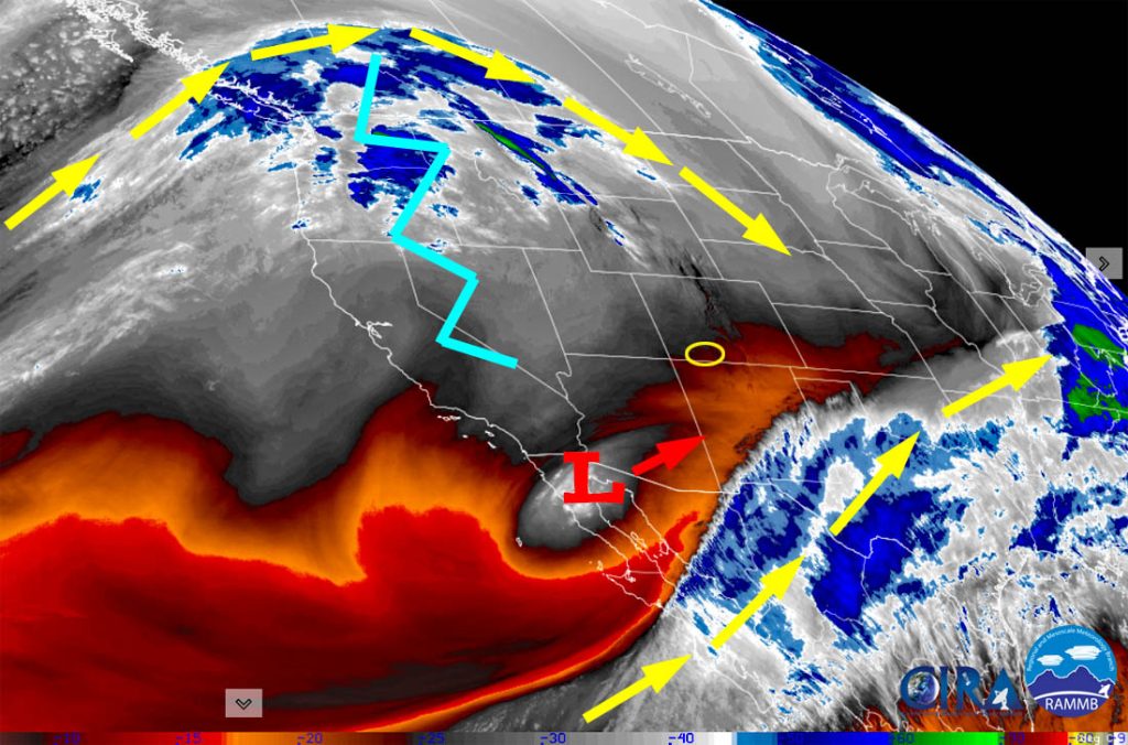 Water vapor satellite this morning – The yellow arrows show the two jet streams. The low over the Baja region is weak and will stay to our south. The ridge, jagged blue line, will give us sunny and dry weather.