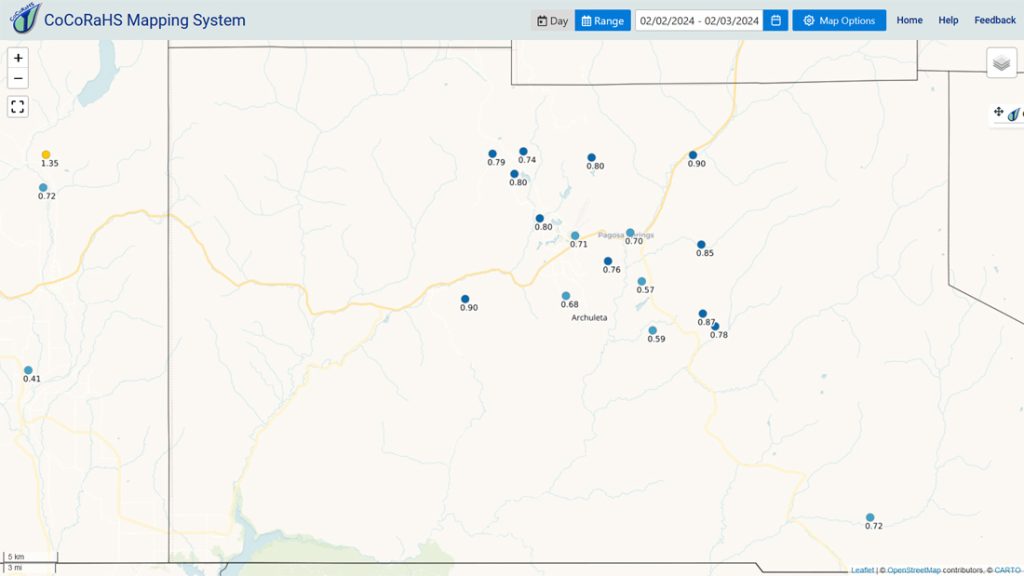 CoCoRaHS 2-day liquid equivalent reports in Archuleta County range from 0.57” to 0.90”. Mike in Aspen Springs was the precip winner! Note the 1.35” near Vallecito.