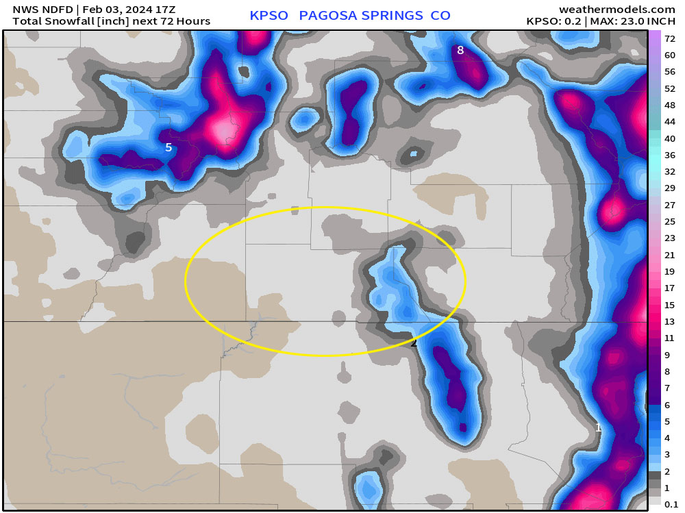 NWS snow forecast model shows a trace over the valley, and up to 3” over the south San Juans.
