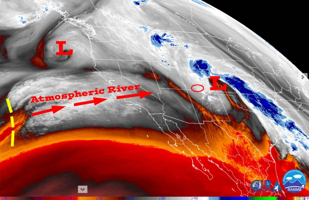 Water vapor satellite this morning – Fun satellite image this morning! The low is over southeast CO and will slowly sink southeast through the day. The low is tapping Gulf moisture and pushing it into CO. An atmospheric river has its sites on southern CA. It will move into our area Tuesday afternoon to Thursday morning.