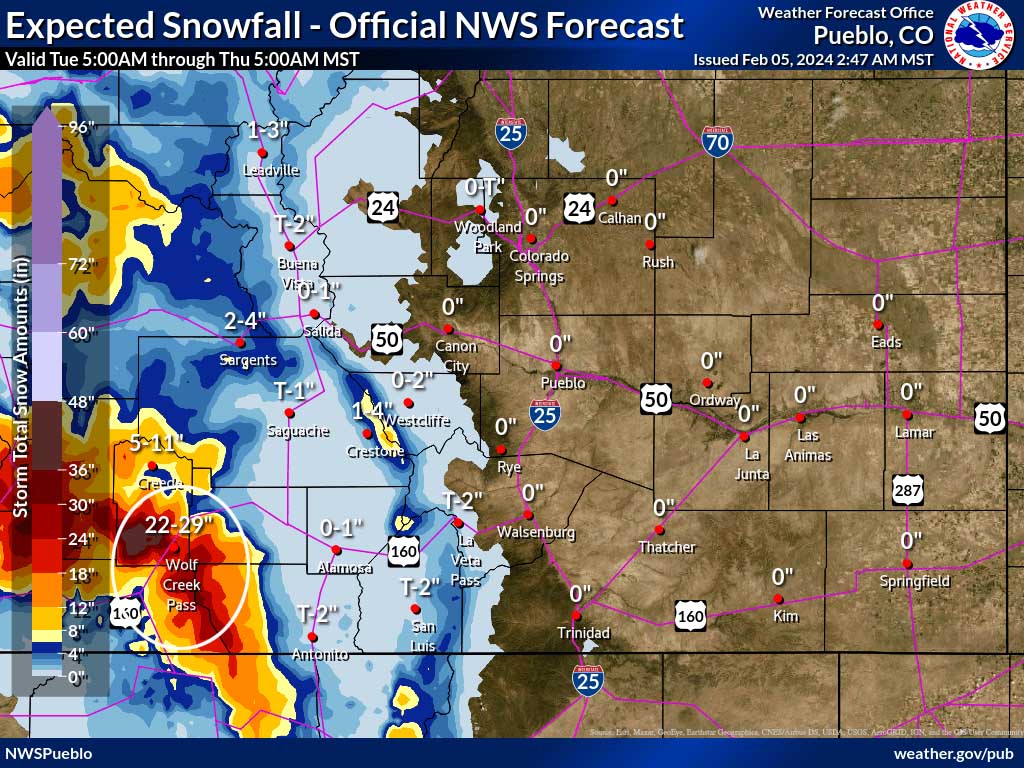 “Atmospheric River” is headed our way… 5 Pueblo NWS snow forecast to Thursday at 5am shows 22-29” for Wolf Creek Pass and up to 36” in our mountains.