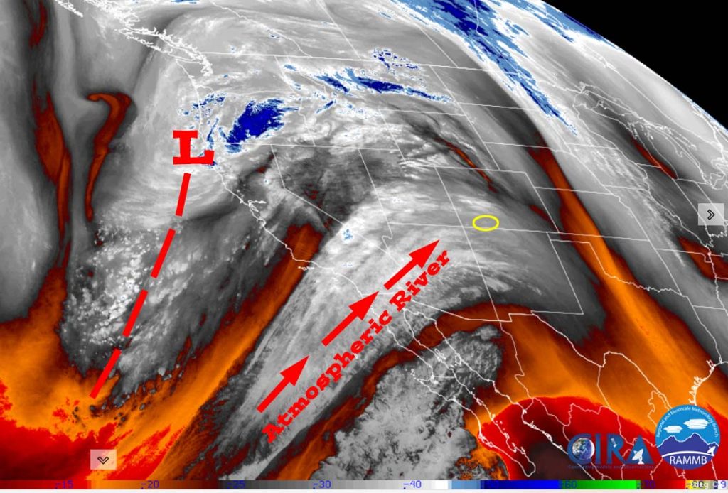 “Atmospheric River” is headed our way… 1 Water vapor satellite this morning – The “atmospheric river” is headed our way. The trough will move through our area Wednesday evening, but moist flow will continue. Another trough will move through the region from the northwest (not favorable for us) on Saturday.