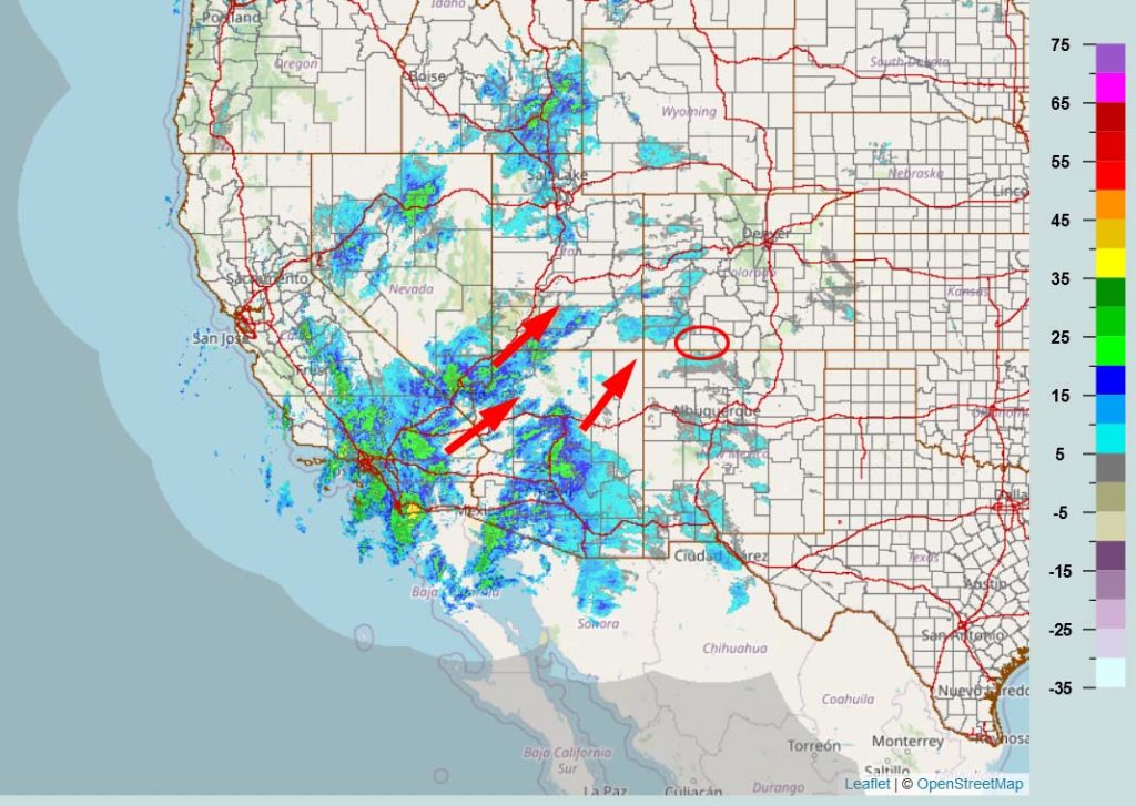 UPDATE!!! It’s Here… 2 Radar at 7am this morning – Radar is backwards for us this morning. Though radar indicates light precip in our area, there is none. The radar is picking up thick moisture at 20,000-30,000ft. The leading edge of the real precip in moving into the southern half of AZ.