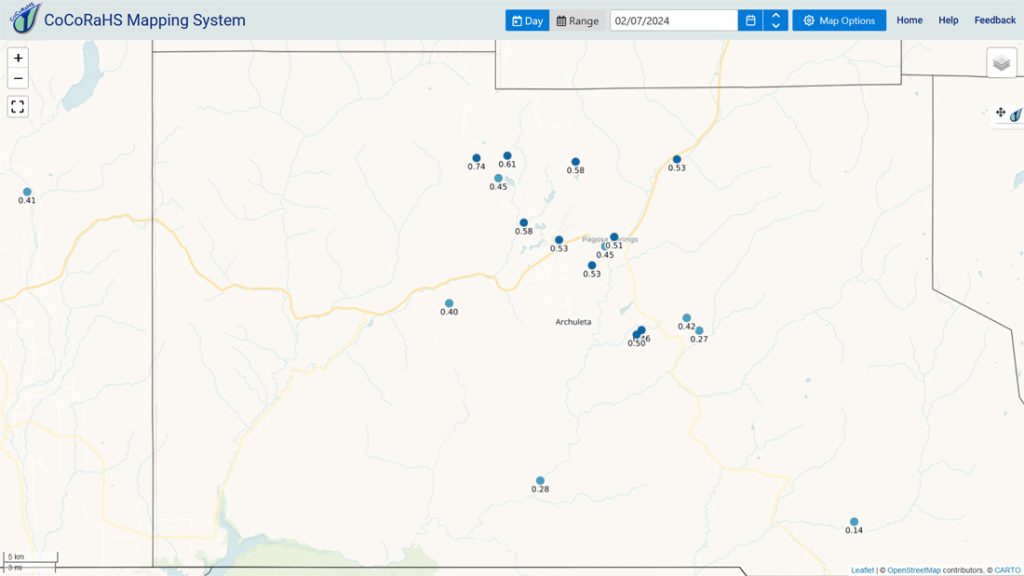 CoCoRaHS liquid equivalent reports range from 0.14” to 0.74”.