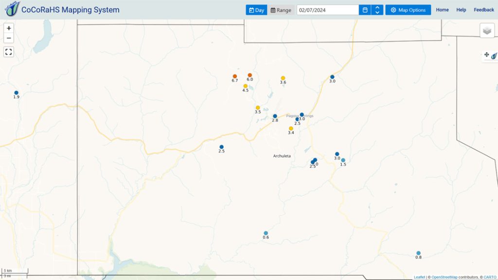 CoCoRaHS snow reports range from 0.6” to 6.7”.