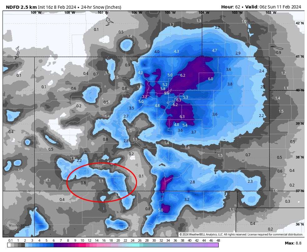 NWS 24-hour snow forecast model 11pm Friday to 11pm Saturday shows 1.1” near Pagosa, 1.8” for Chama, 0.8” for Bayfield, and 3-5” in our mountains.