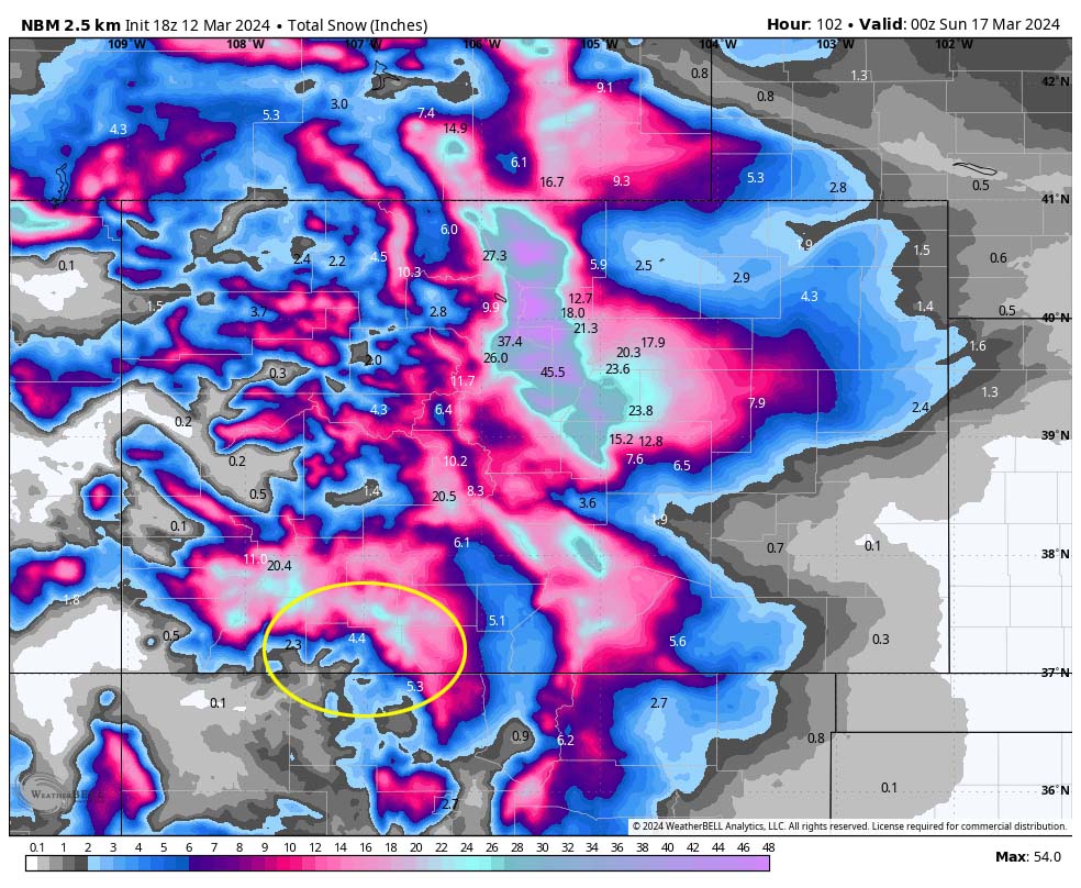 NBM snow to 6pm Saturday shows 4.4” near Pagosa Springs, 5.3” near Chama, 2.3” near Bayfield, and up to 2ft in our mountains.