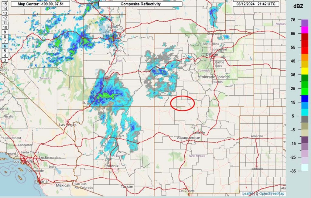 Radar this afternoon – Light scattered showers are moving into western Colorado.  The main batch of showers is over southwest UT and will move our way tonight.