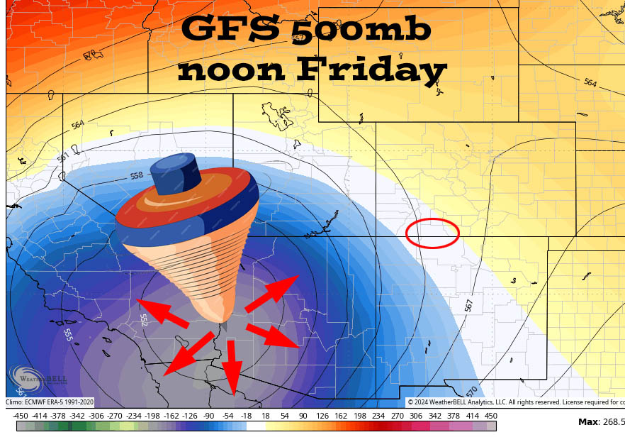 A low will spin like a top over AZ and keep things unsettled into Sunday. In fact, the remnants of the low might not move through our area until next Wednesday morning.