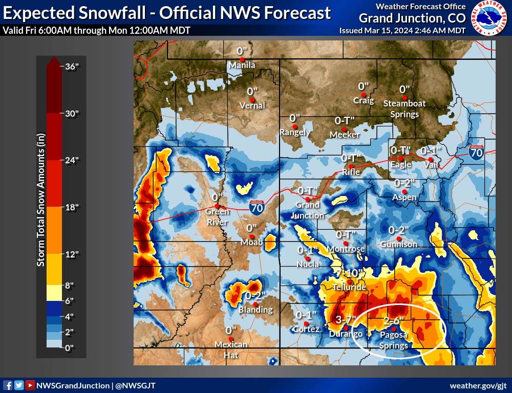NWS snow forecast to 12am Monday shows 2-6” in the Pagosa Springs area - low end of this range below 7,500ft and high end of the range close to the mountains.  12-18” is expected near Wolf Creek and higher amounts are expected in the mountains north of Pagosa.