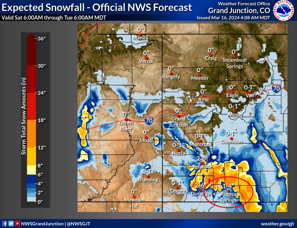NWS snow forecast to 6am Tuesday shows 1-4” in the Pagosa Springs area - low end of this range below 7,600ft and high end of the range close to the mountains.  8-12” is expected near Wolf Creek and higher amounts are expected along parts of The Divide.