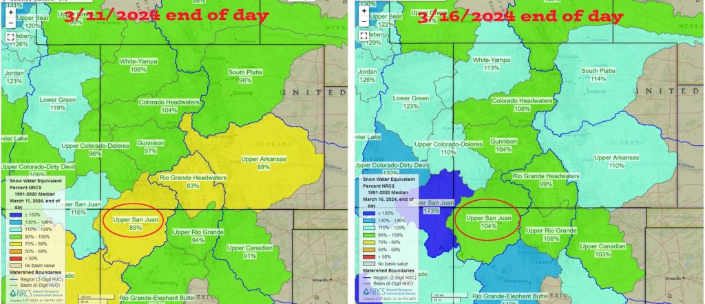 Storm Wrap UP! Though Showers Linger Today with Possible Thunderstorms, Again! 2 17 Mar 2024 pm Snowpack CO map before and after