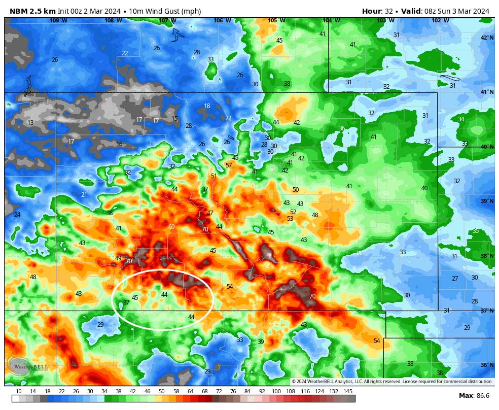 NBM wind gusts at 1am Sunday shows 44mph near Pagosa, 44mph near Chama, and 65-75mph in our mountains.