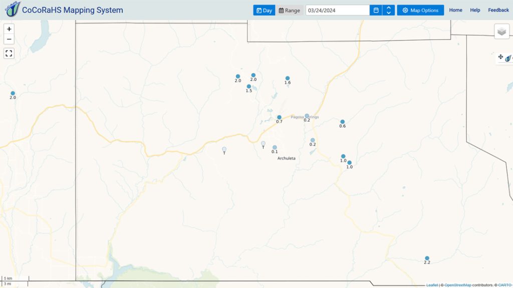 CoCoRaHS 24-hour snow reports range from a trace to 2.2”
