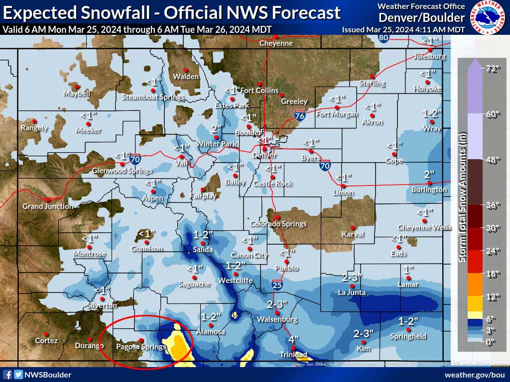 Scattered afternoon showers Monday and Tuesday … 5 NWS “official” snow forecast valid from 6am Monday to 6am Tuesday shows less than 1” in the Pagosa area, 2-4” near Wolf Creek Pass and higher amounts in the southern San Juans.