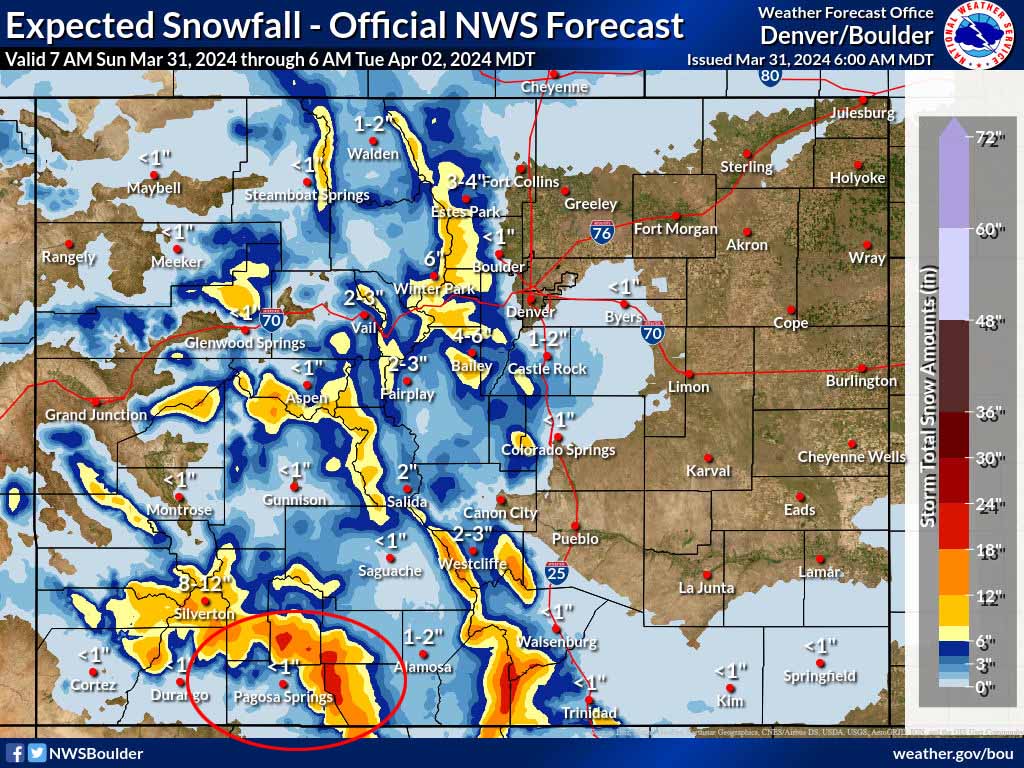Windy today with showers developing later this afternoon … 3 The NWS “official” snow forecast to 6am Tuesday shows around 1” near Pagosa, up to 3” for the higher parts of the valley along the mountains, and 12-18” near Wolf Creek Pass.