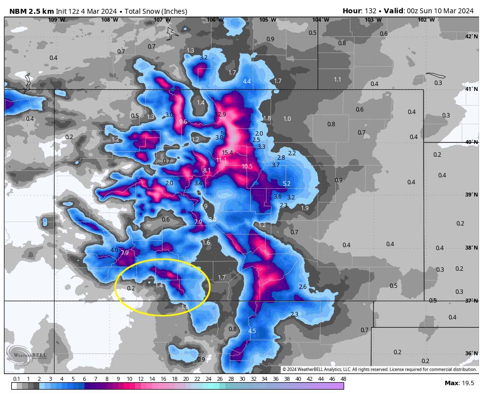 NBM snowfall to 5pm Saturday shows 1.4” near Pagosa, 1.6” for Chama, and 6-10” in our mountains.