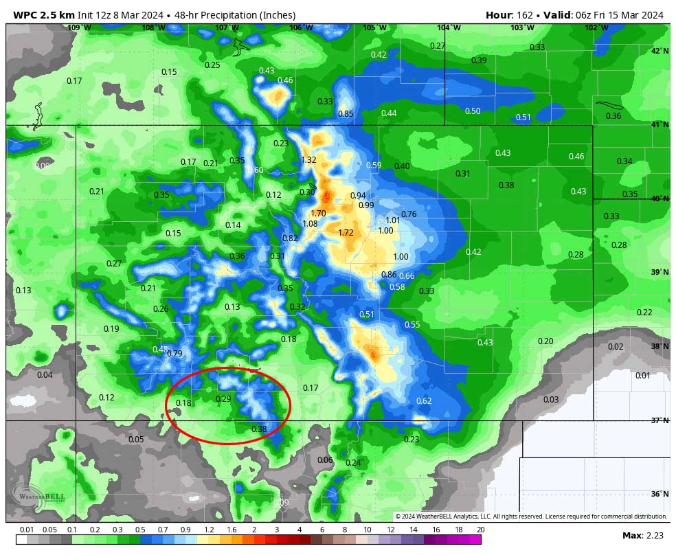 WPC 48-hour precip from late Tuesday evening to late Thursday evening shows 0.29” of liquid equivalent precip in the Pagosa area and up to 0.90” in our mountains. There is a wide range of precip amounts from the various forecast models.  Right now, this looks reasonable to me. The challenging part will be trying to figure out how much of this precip will fall as snow.