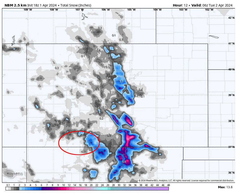 NBM snow to midnight tonight shows a dusting near Pagosa, 0.7” near Chama, and 2-5” for our mountains.